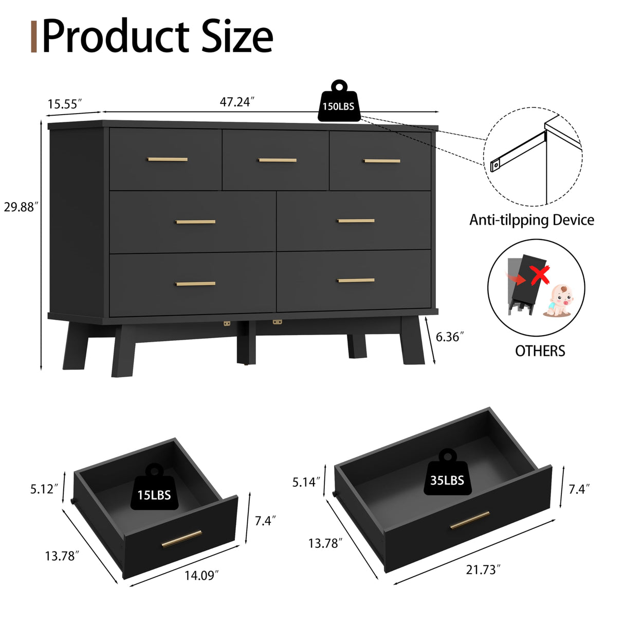 Dresser for Bedroom with 7 Drawer, Wood Modern Chest of Drawers with X-Shaped Sturdy Base, Wide Double Dresser Closet Clothes Storage Organizer, Wooden Dresser TV Stand for Living Room, Hallway, Black Xixini