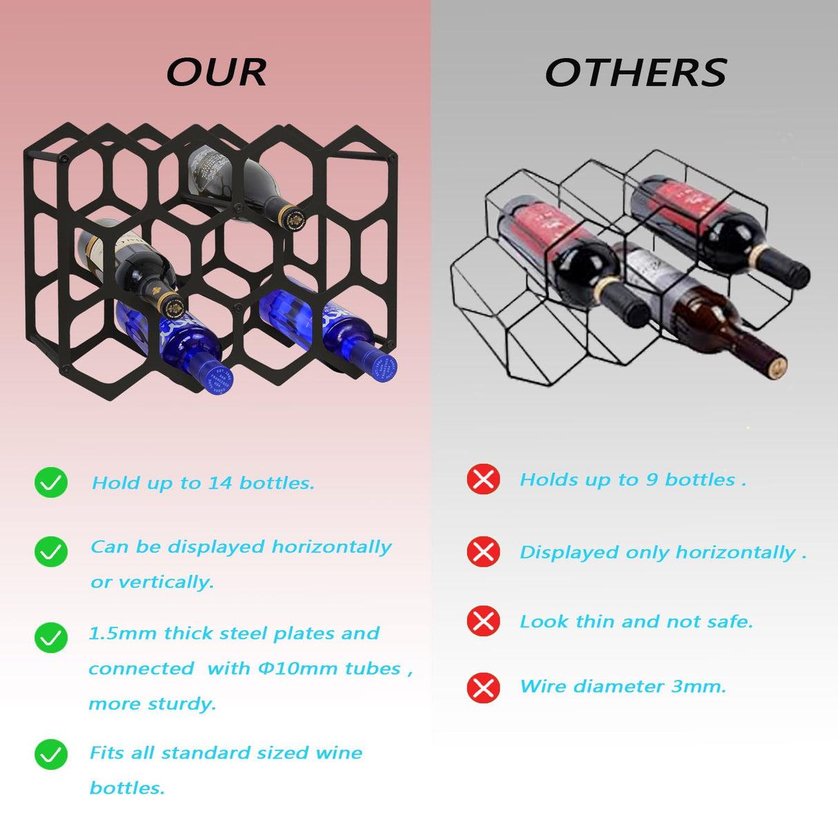 AT-VALY Countertop Wine Rack,Durable and Sturdy Freestanding 14 Bottle Wine Holder for Home Decor, Bar,Cabinet,Pantry (Black) AT-VALY