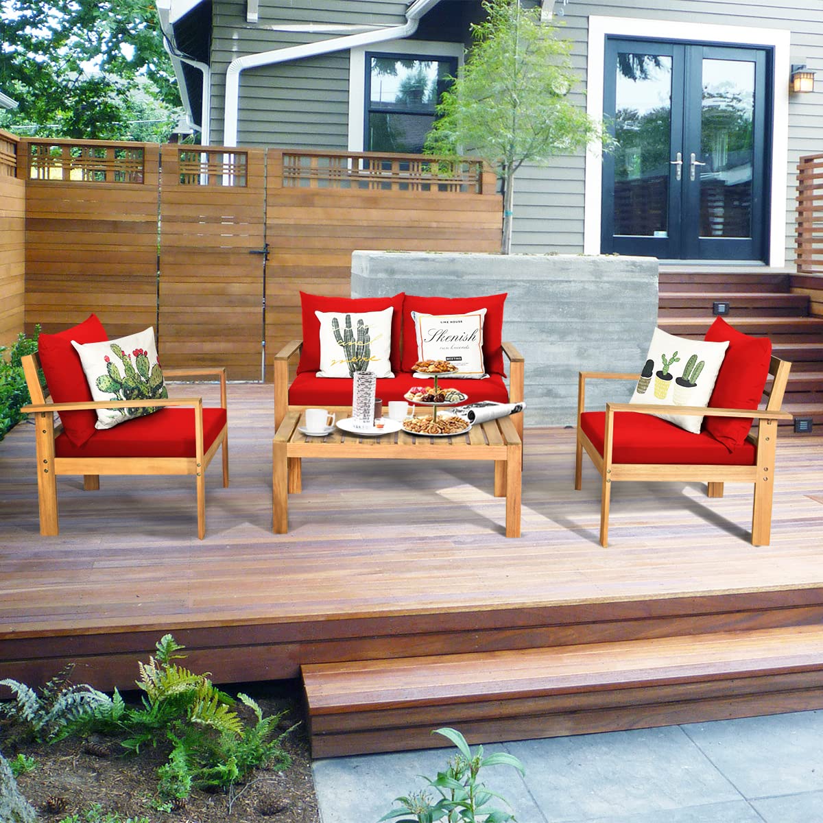 COSTWAY 4 Pieces Outdoor Acacia Wood Sofa Set, Outdoor Conversation Sofa Set with Table & Cushions Porch Chairs for Garden, Patio, Deck - WoodArtSupply