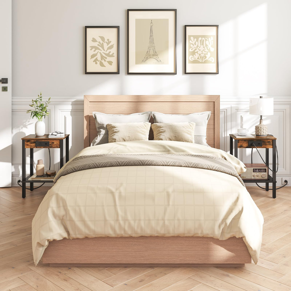 HOOBRO Side Table with Charging Station, Set of 2 End Tables with USB Ports and Outlet, Nightstand with 2-Tier Storage Shelf, for Living Room, Bedroom, Small Space, Rustic Brown and Black BF91UBZP201 HOOBRO