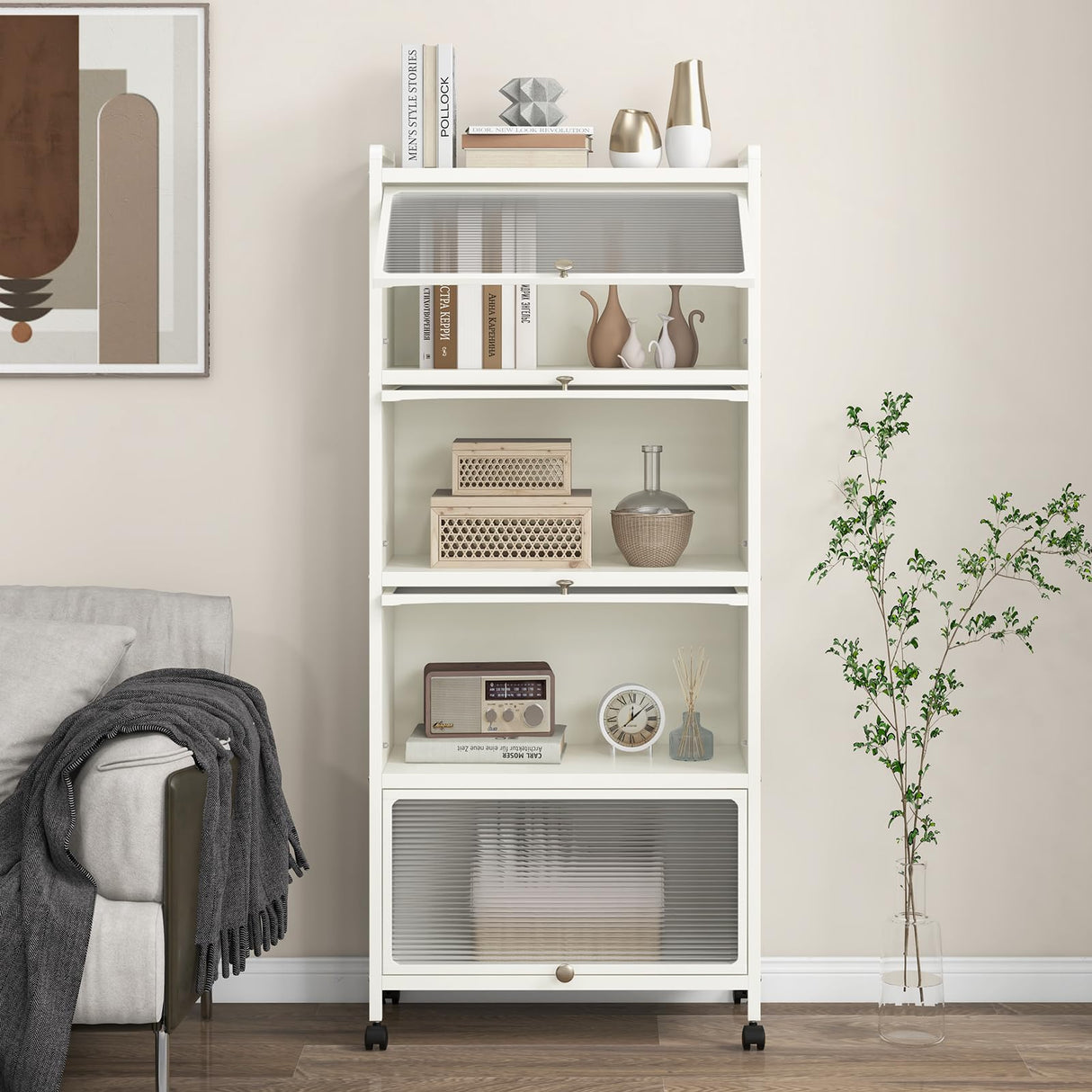 Giantex 5-Tier Kitchen Storage Cabinet, Mobile Microwave Stand with Flip-up PC Doors, Freestanding Kitchen Bakers Rack with 4 Rolling Casters, for Dining Room, Living Room and Study (White) Giantex