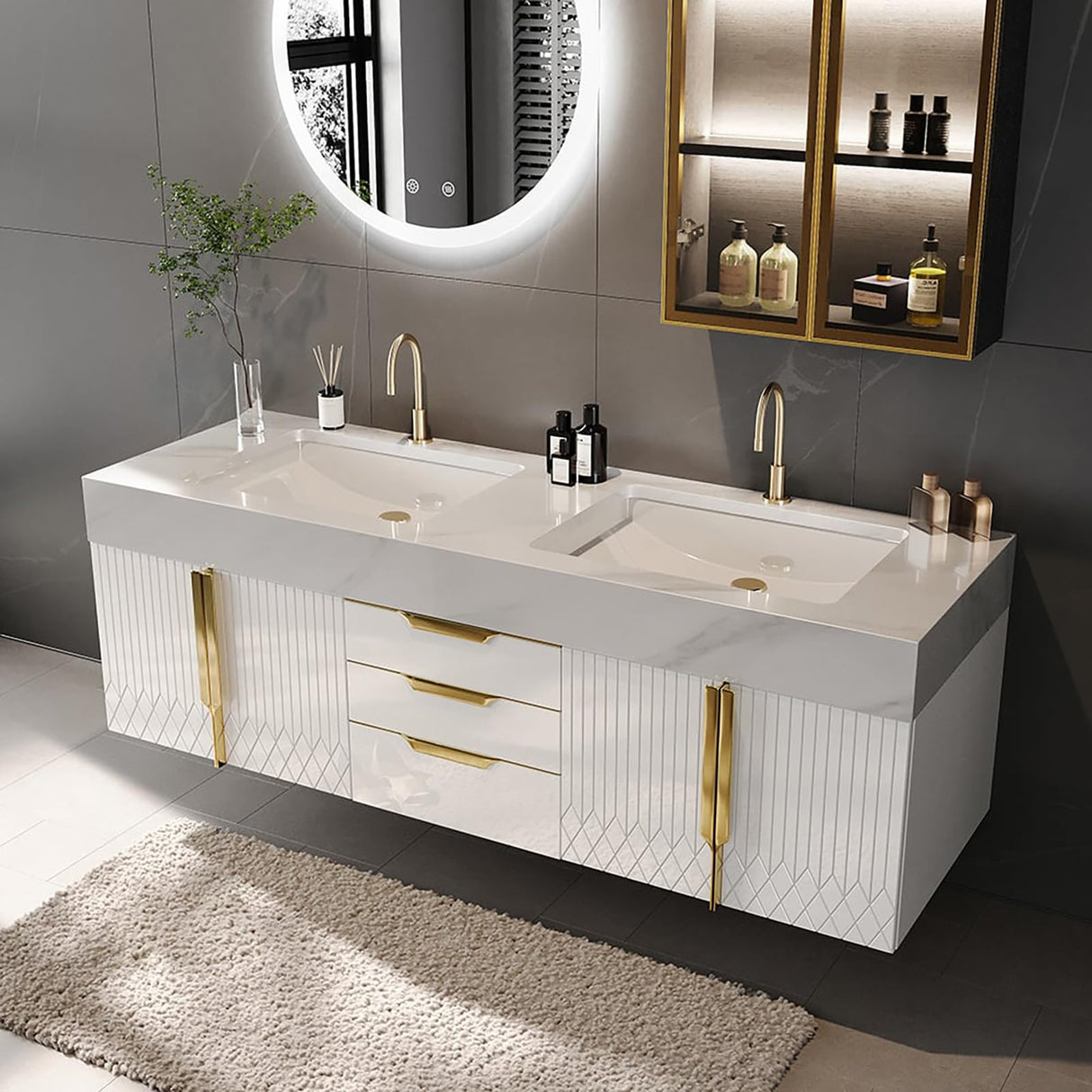 Weibath 59" Wall Mounted Bathroom Vanity Modern Bathroom Vanity with Double Sink & Drawers & Doors Faux Marble Top Weibath