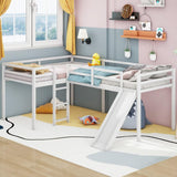 Merax Wooden Twin Size Double Loft Bed with Slide and Ladder, L-Shaped Bed Frame with Full-Length Guardrail, Wood Bedframe for Kids Teens Adults Bedroom, 2 Twin Beds,White Merax