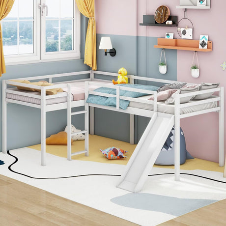Merax Wooden Twin Size Double Loft Bed with Slide and Ladder, L-Shaped Bed Frame with Full-Length Guardrail, Wood Bedframe for Kids Teens Adults Bedroom, 2 Twin Beds,White Merax