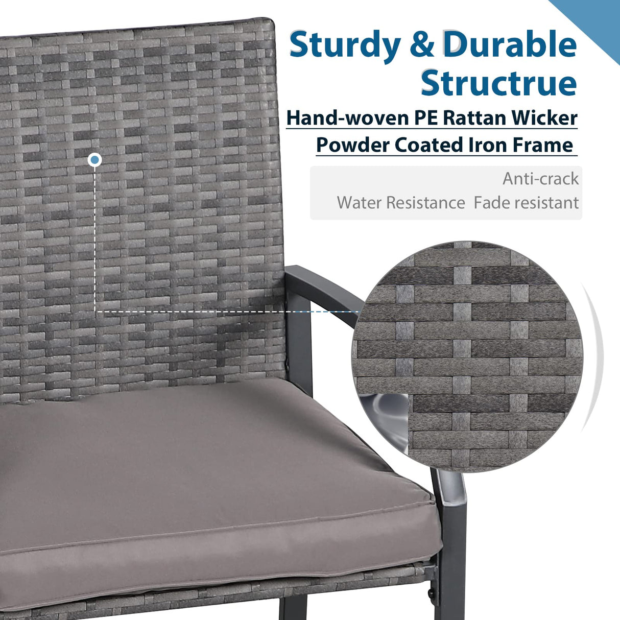 JOIVI 3 Piece Patio Bar Set, Outdoor Wicker Counter Height Bar Stools and Wood Top Table Set for 2 People, Bar Height Table Bistro Set with 2 Bar Chairs and Cushions for Backyard, Balcony JOIVI