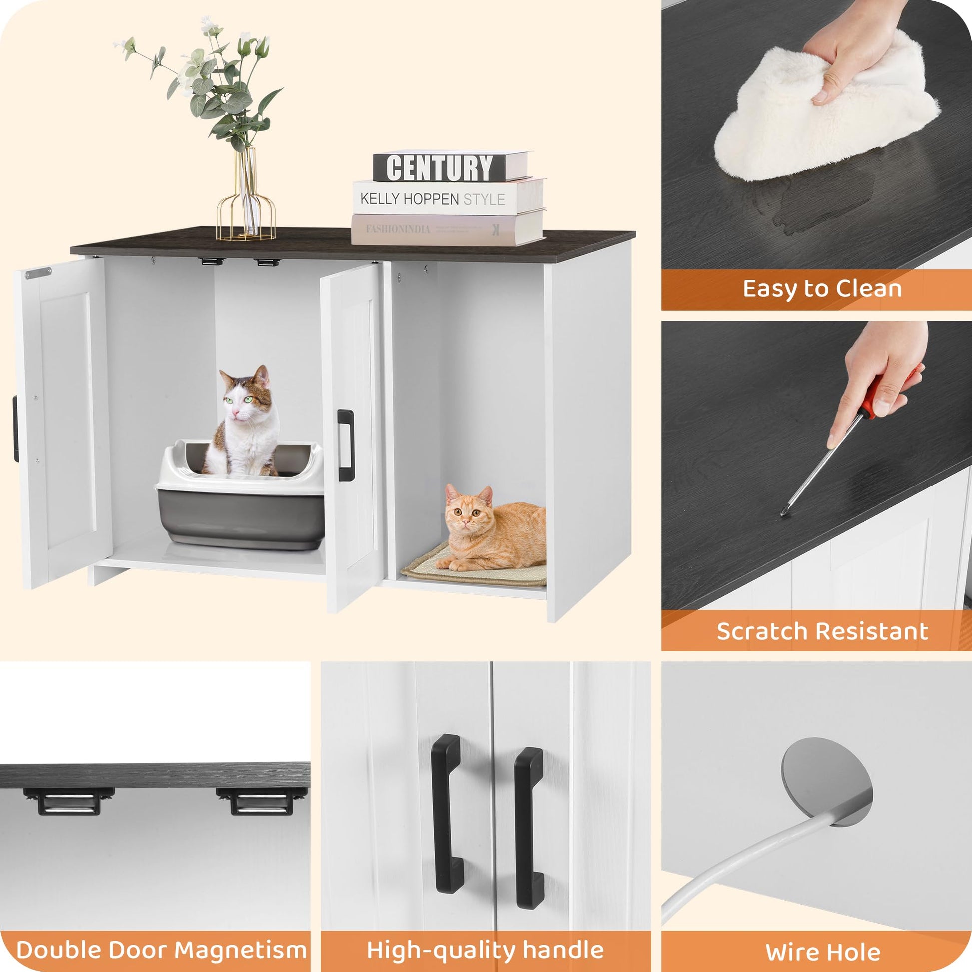 DWANTON Litter Box Enclosure, Cat Litter Box Furniture Hidden, with Scratching Mat, Wooden Cat Washroom Indoor, Fit Most of Litter Box, 31.5" L x 19.7" W x 21.7" H, White+Dark Gray - WoodArtSupply