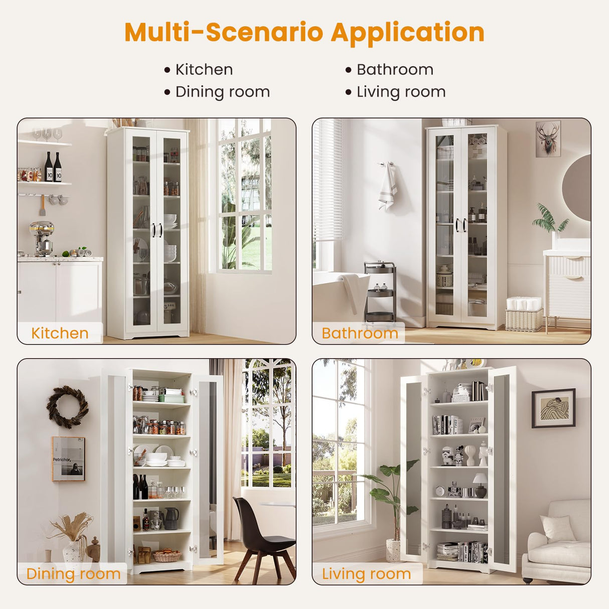 Teekyooly 70" Tall Display Cabinet Storage, Pantry Cabinet with 2 Doors and 6 Adjustable Shelves, Standing Utility Cabinet for Dining Room, Food Storage and Kitchen, Clear and White Teekyooly