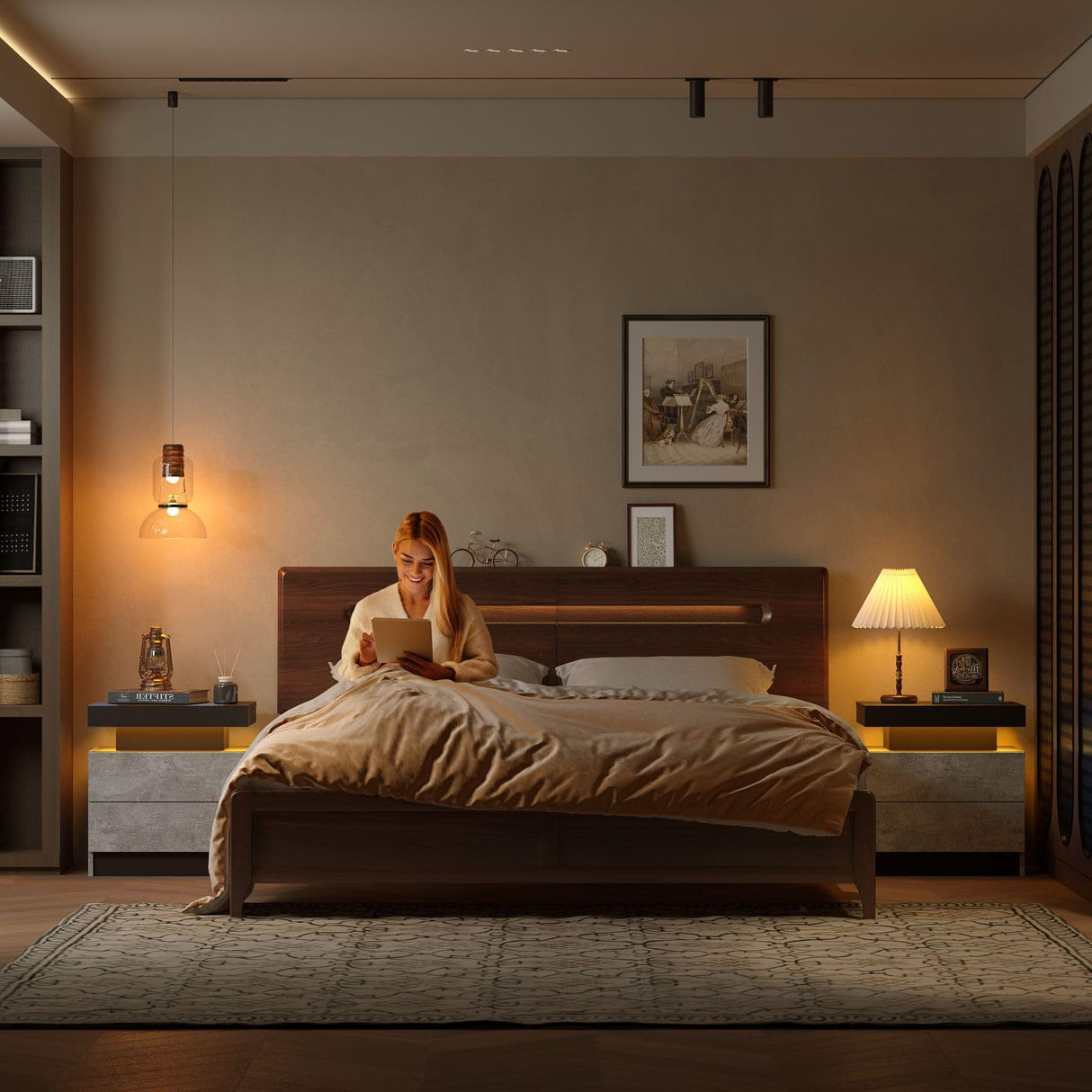 i-aplus Nightstand Set of 2 LED Nightstand with 2 Drawers, Bedside Table with Drawers for Bedroom Furniture, Side Bed Table with LED Light, Grey Black i-aplus