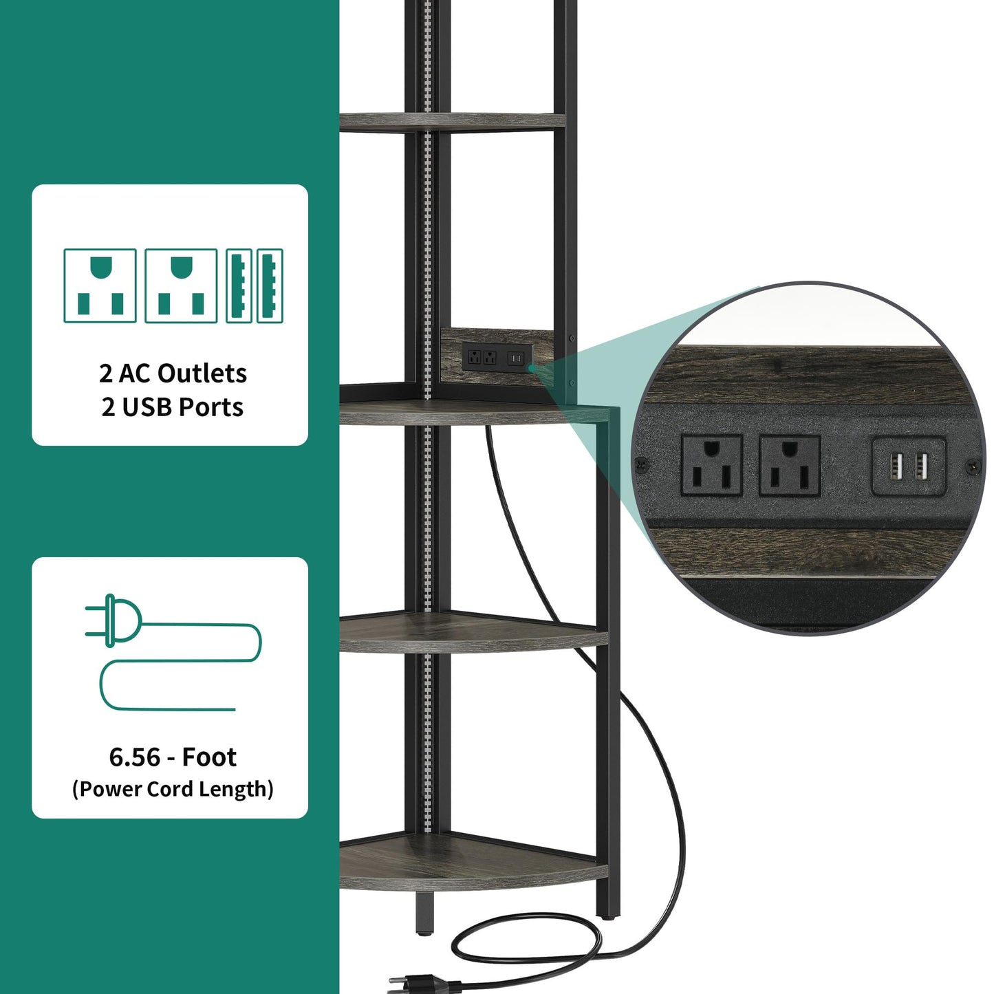 YITAHOME Corner Shelf with Power Outlets & LED Lights & Glass Holder, 5 Tier Corner Bar Rack, Corner Bookshelf Bookcase Display Shelves for Living Room, Dining Room, Kitchen, Black