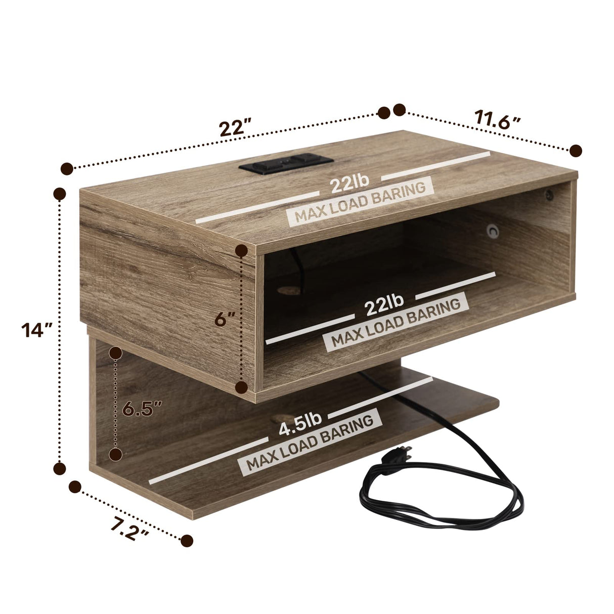 ALIMORDEN Floating Nightstand with Charging Station, Wall Mount Bedside Shelf with Drawer Storage USB Ports and Power Outlets, Small Wall Shelves for Bedroom, Weathered Oak ALIMORDEN