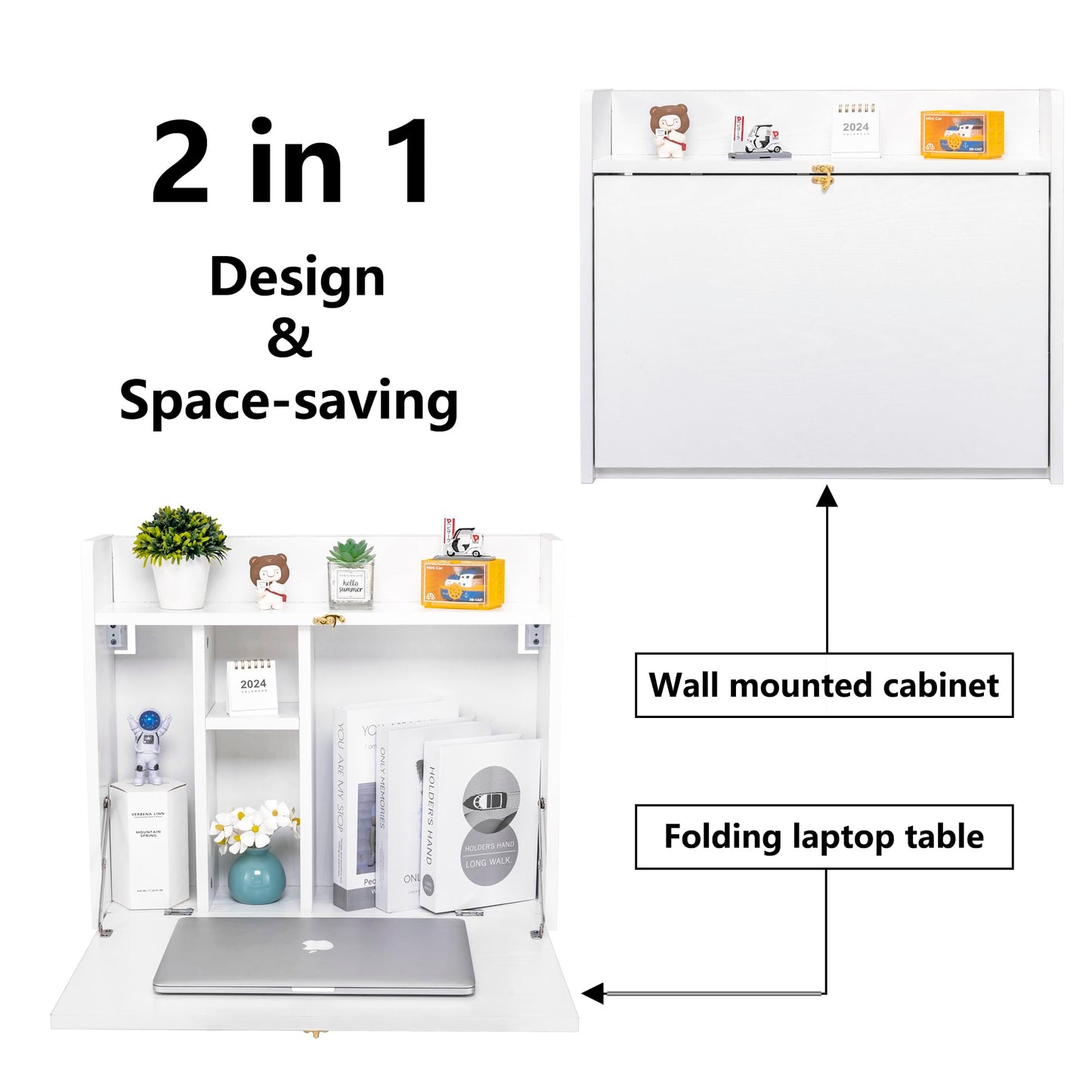 Zvyteay Wall-Mounted Desk Folding Wall Desk Floating Table Wall Mounted Laptop Desk Space Saving Wall Mounted Table with Storage Shelves for Home Office (White) - WoodArtSupply