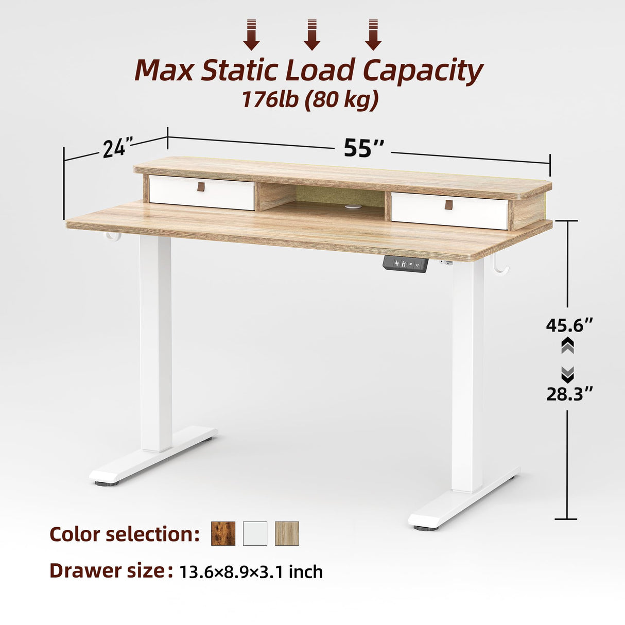 TIQLAB 55 * 24 Inch Standing Desk with Two Drawers, Stand Up Standing Desk Adjustable Height, Electric Sit Stand Desk with Storage Shelf and Splice Board, Maple TIQLAB