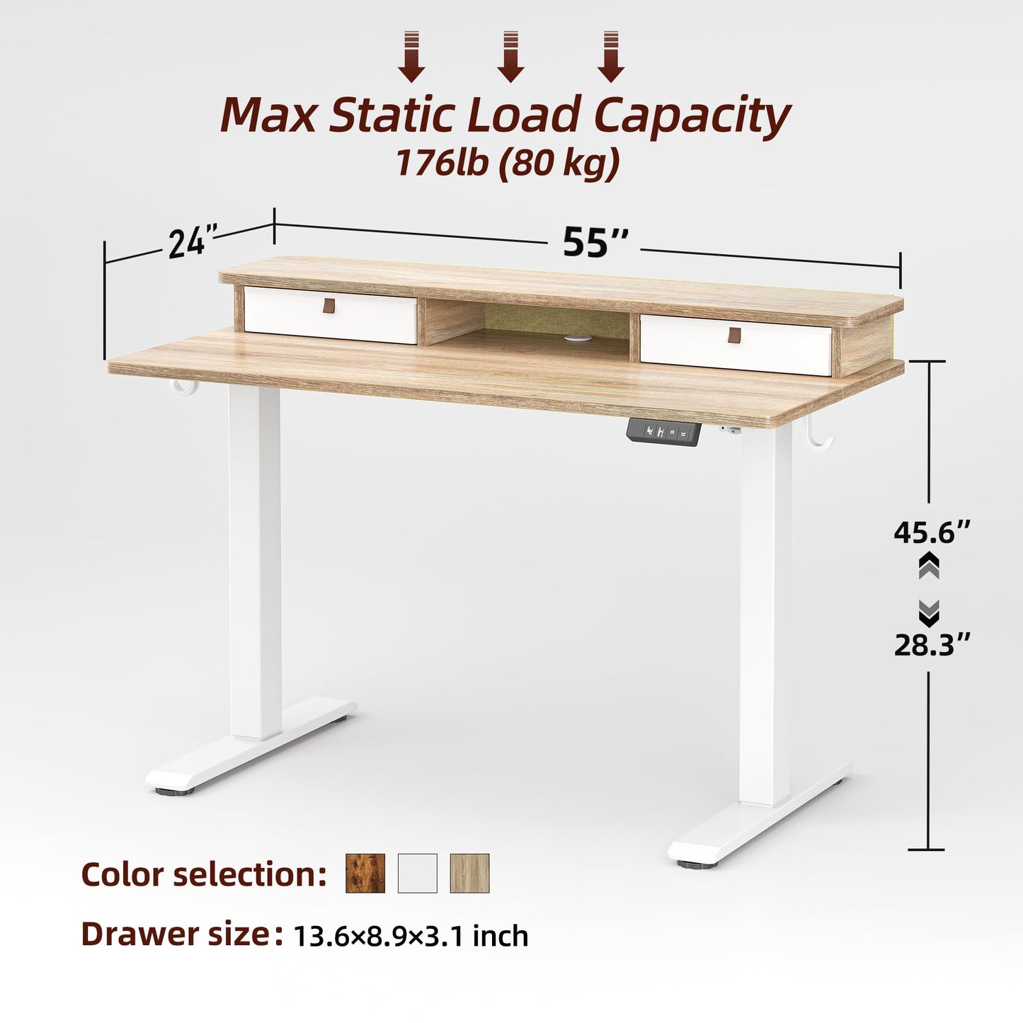 TIQLAB 55 * 24 Inch Standing Desk with Two Drawers, Stand Up Standing Desk Adjustable Height, Electric Sit Stand Desk with Storage Shelf and Splice Board, Maple