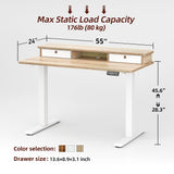 TIQLAB 55 * 24 Inch Standing Desk with Two Drawers, Stand Up Standing Desk Adjustable Height, Electric Sit Stand Desk with Storage Shelf and Splice Board, Maple TIQLAB