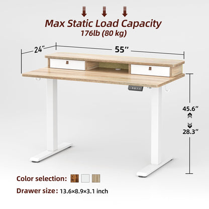 TIQLAB 55 * 24 Inch Standing Desk with Two Drawers, Stand Up Standing Desk Adjustable Height, Electric Sit Stand Desk with Storage Shelf and Splice Board, Maple