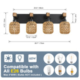 4 Light Bathroom Vanity Light Fixtures,Rustic Style Wood Bathroom Wall Sconce, with Boho Wicker Lampshade，Suitable for Bedroom, Hallway, and Living Room,Rattan Black Farmhouse Wall Sconce LmnLvn