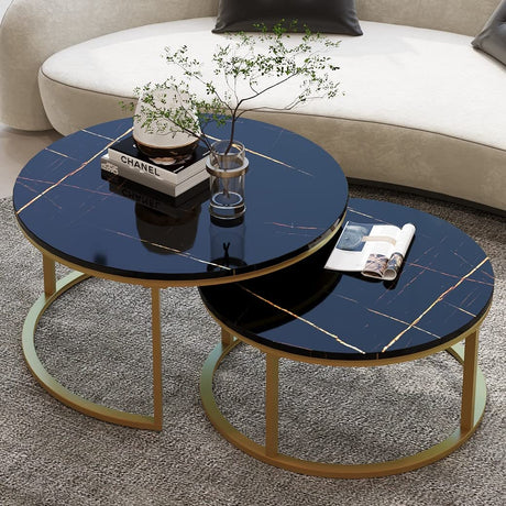 WiberWi Round Coffee Table Nesting Tables Set of 2, Large : Ø 34.0", Small : Ø 26.0", Modern Design Coffee Tables for Living Room, Gold Metal Frame Circle Cocktail Table, High Glossy Faux Black Marble WiberWi