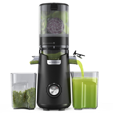 ACOQOOS Juicer Machines, Cold Press Juicer Whole Fruit and Vegetable with 5.3" Wider and Larger Feeding Chute (Capacity 1.8L), Easy to Clean Juicers with 2 Cups, Masticating Juicer Black ACOQOOS