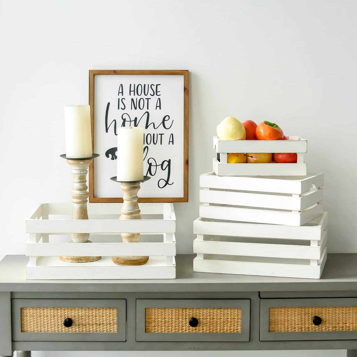 UPPER DECOR Large Wooden Crates Set of 4 Decorative Storage Box with Handles, Rustic Whitewashed Farmhouse Wooden Crates for Display, Living Room Container Baskets Box for Kitchen, Pantry, Bedroom UPPER DECOR
