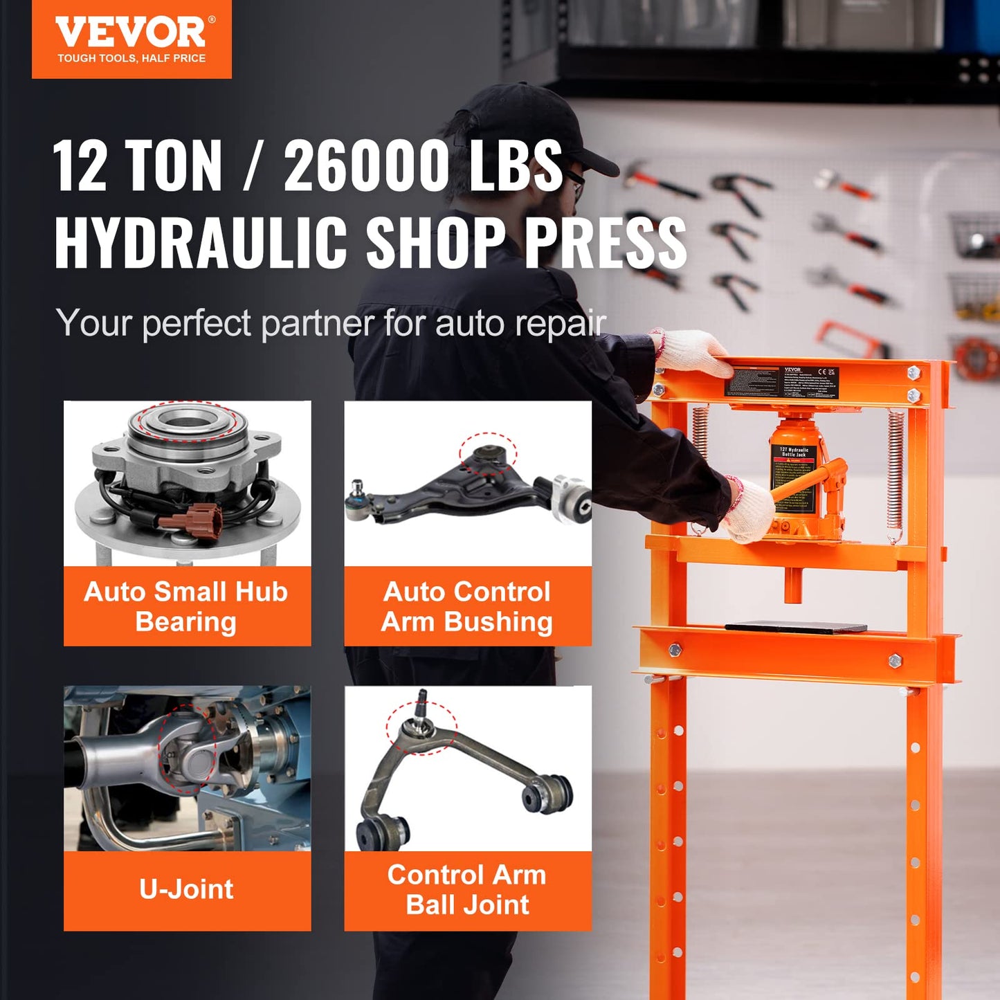 VEVOR Hydraulic 12 Ton H-Frame Garage Floor Adjustable Shop Press with Plates, 12T, Orange - WoodArtSupply