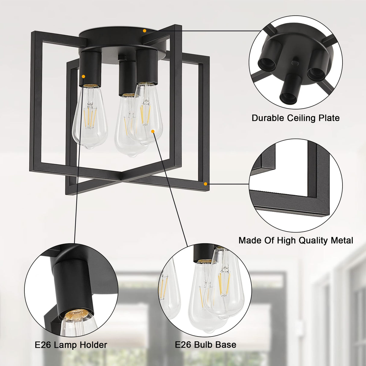 Bosomfr 3-Light Ceiling Light Fixture, Black Semi-Flush Mount Chandelier with Geometric Metal Shade, Farmhouse Industrial Lighting for Kitchen Living Room Bedroom Hallway Foyer, E26 Base Bosomfr