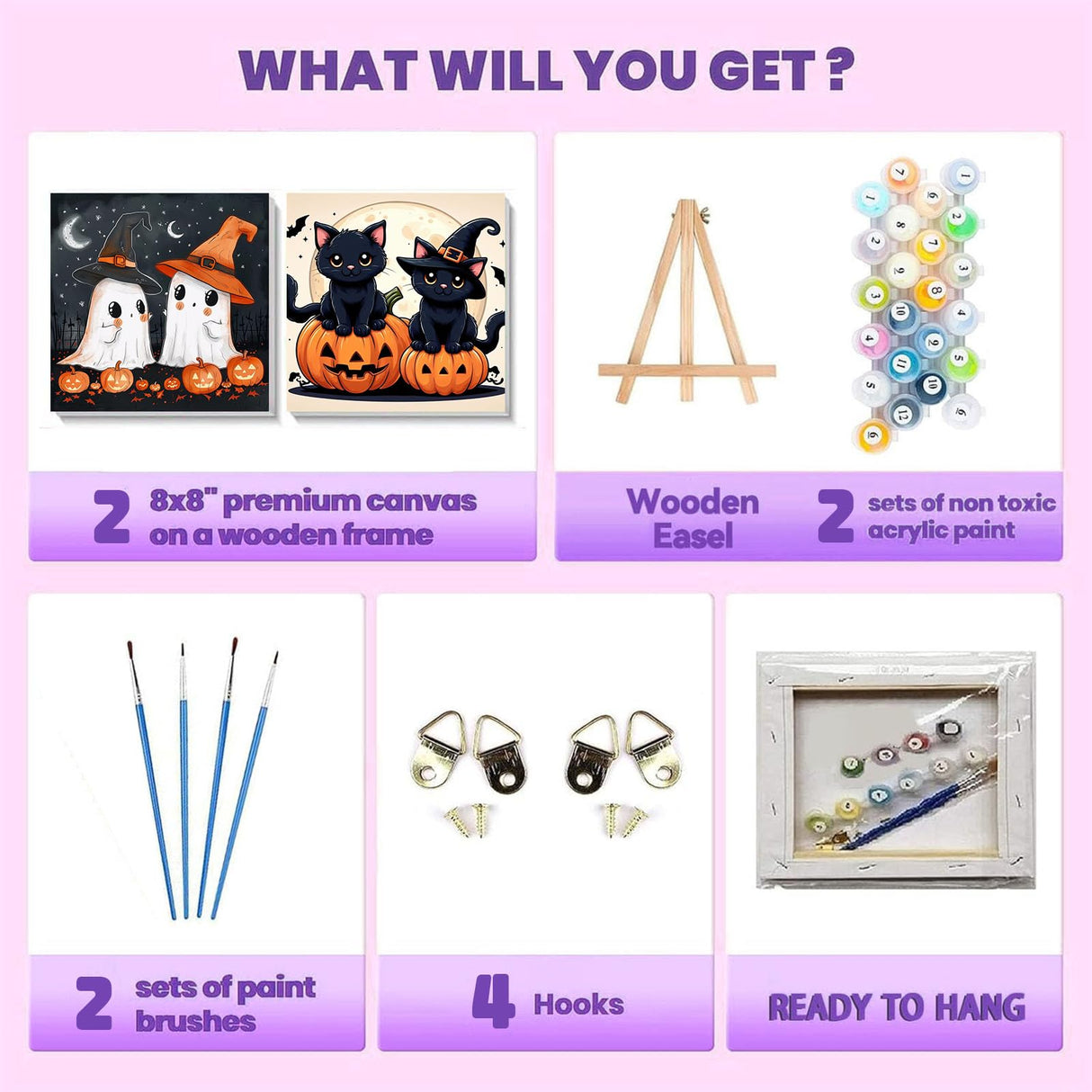 cviokrdu 2 Pack Paint by Numbers Kit for Kids with Frame-Wooden Easel, Halloween Paint by Numbers for Kids Ages 4 8 12, Easy Halloween Acrylic Oil Painting Kits for Home Wall Decoration 8x8 inch cviokrdu