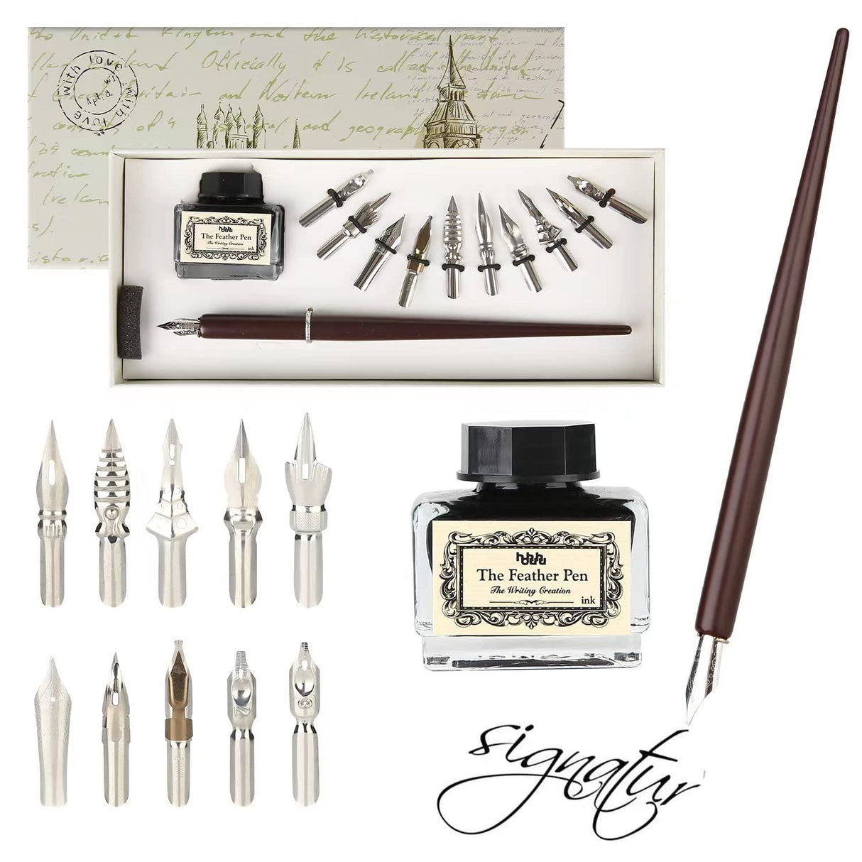 hhhouu Calligraphy Set for Beginners Quill Pen and Ink Set Fancy Pens with Black Ink and 11 Nibs for Lettering,Drawing, Journaling, Signing, Invitation HO-Q-301 hhhouu