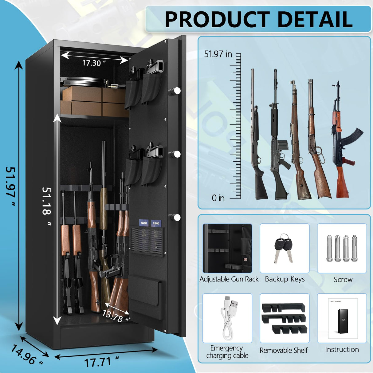 ANXINWEI Gun Safe, 8-10 Gun Cabinet with Removable Shelf, Large Long Gun Safe for Rifles and Pistols with Digital Backlit Keypad, Quick Access Big Gun Locker with Dual Alarm, Rifle Safes for Home ANXINWEI
