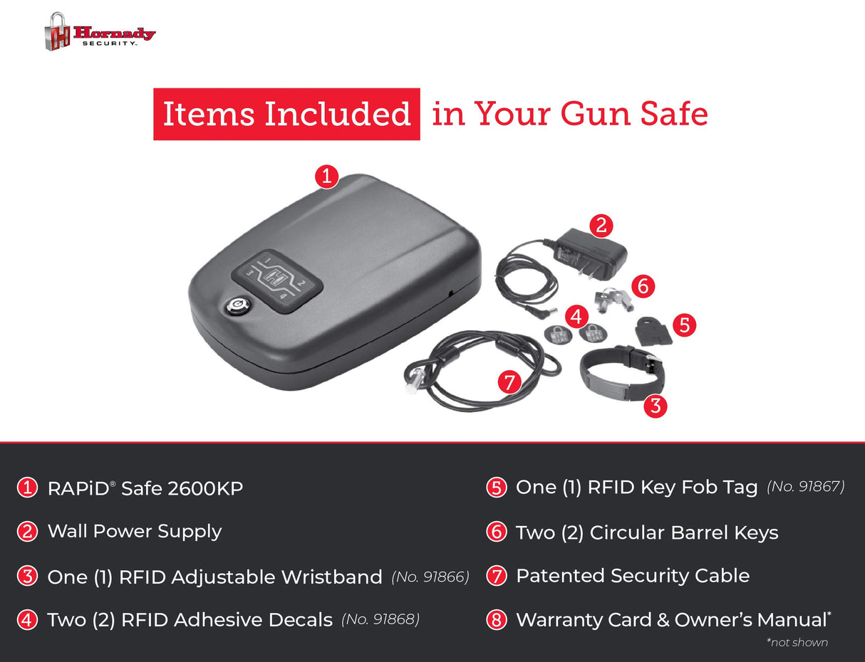 Hornady Rapid Safe 2600 KP – Portable Gun Safe for Firearms – RFiD Safe for Fast, Multiple Method Entry – Includes Rapid Safe, RFiD Wristband, Key Fob, 2 Decals, 2 Barrel Keys and Security Cable Hornady