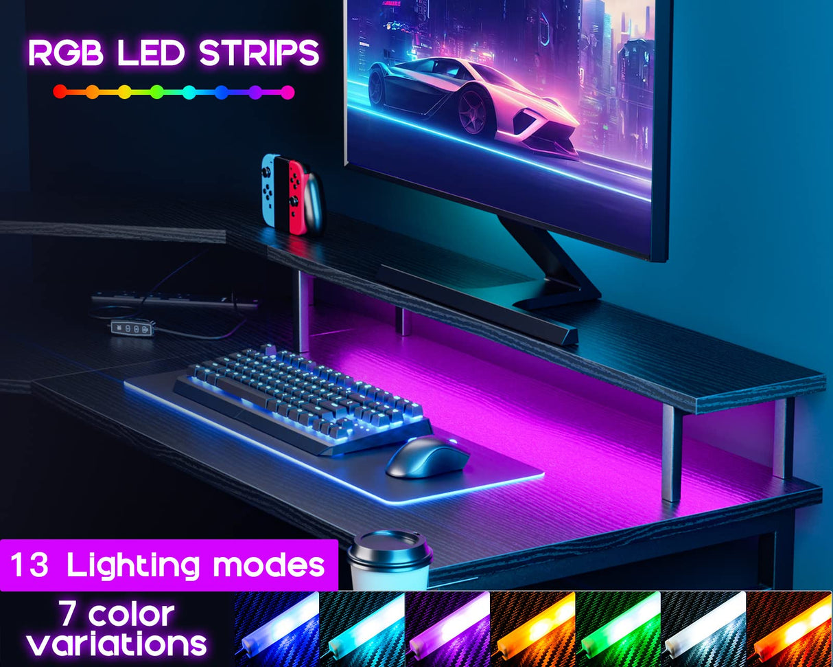 ODK L Shaped Gaming Desk with LED Lights & Power Outlets, 51" Computer Desk with Full Monitor Stand, Corner Desk with Cup Holder, Gaming Table with Hooks, Black ODK