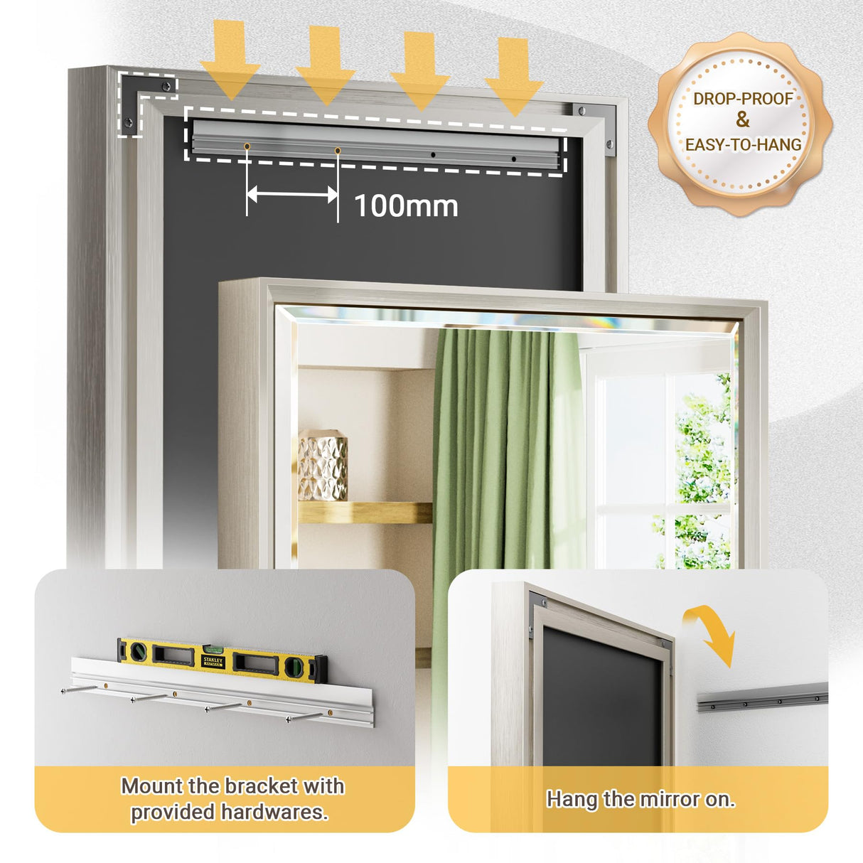 QueenFun Brushed Nickel Bathroom Mirror, 24x36 Inch Beveled Framed Bathroom Mirror Anti-Rust, Brushed Nickel Metal Frame Bathroom Vanity Mirror for Wall, Vertical/Horizontal Wall-Mounted Mirrors QueenFun