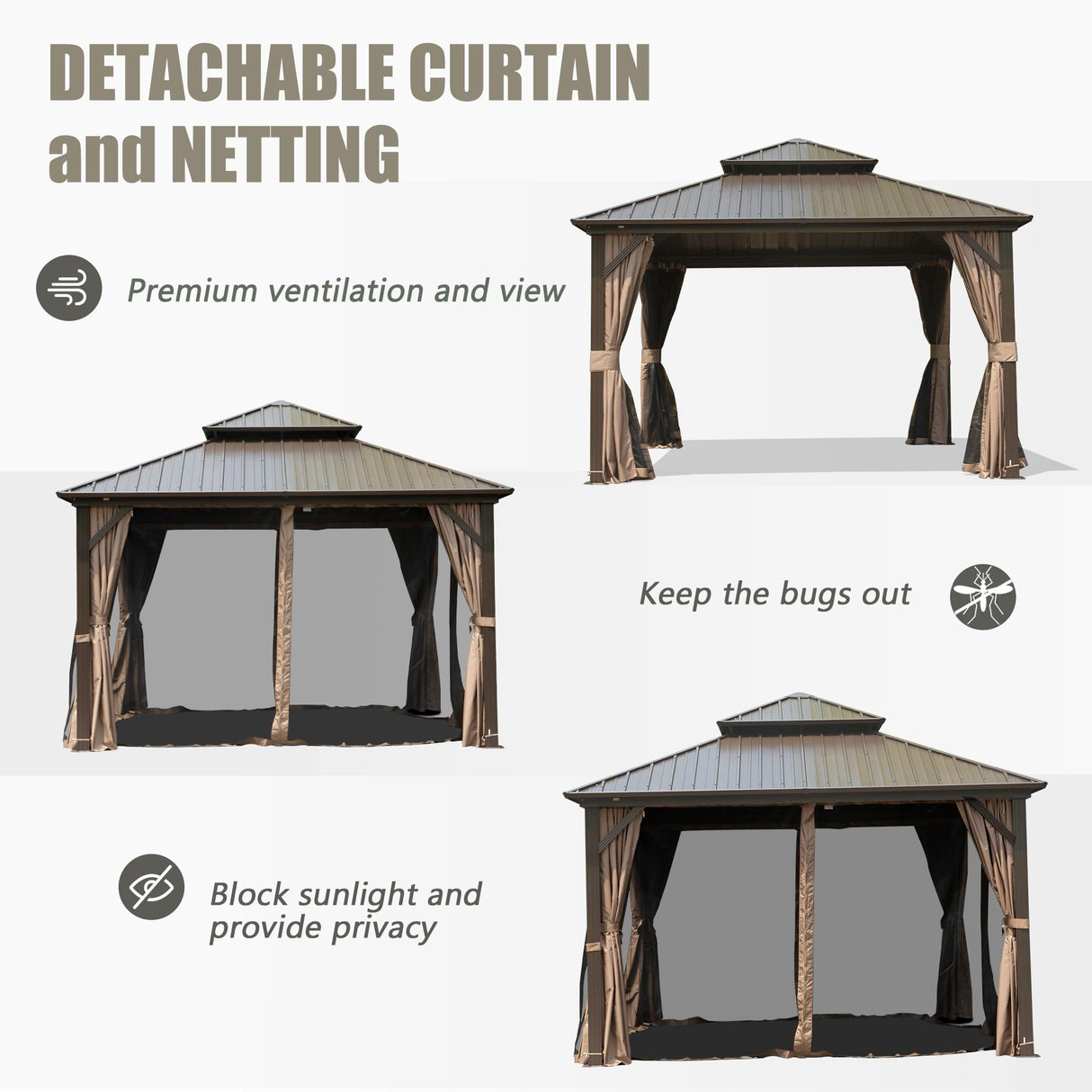 Domi 8’ X 8’ Hardtop Gazebo Canopy with Netting & Curtains, Outdoor Gazebo with Galvanized Steel Double Roof for Patio Lawn and Garden, Brown domi outdoor living