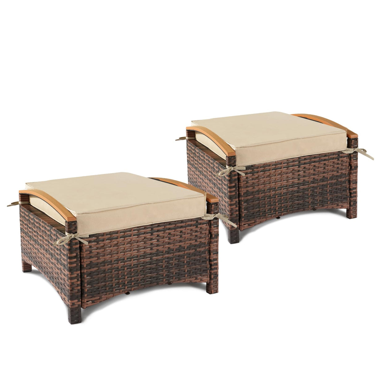 VINGLI Wicker Outdoor Ottoman Set of 2, All Weather PE Rattan Footstool for Patio w/Removable Cushions, Waterproof Rattan Foot Rest for Garden, Balcony, Poolside (Brown) VINGLI