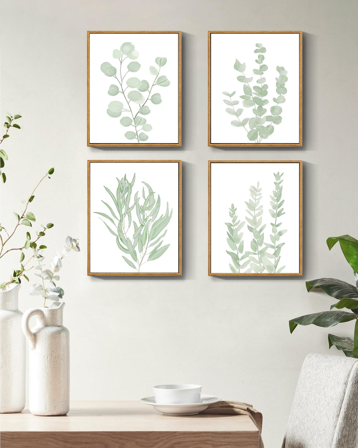 Drsoum Framed Botanical Plant Canvas Wood Wall Art Light Green Sage Wall Decor Eucalyptus Leaf Picture for Bedroom Living Room Bathroom Office 8”x 10” x 4pcs Drsoum