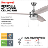 Honeywell Ceiling Fans Berryhill, 48 Inch Ceiling Fan with Color Changing LED Light, Pull Chain, Dual Mounting Options, 3 Dual Finish Blades, Reversible Airflow - 51857-01 (Brushed Nickel) Honeywell Ceiling Fans