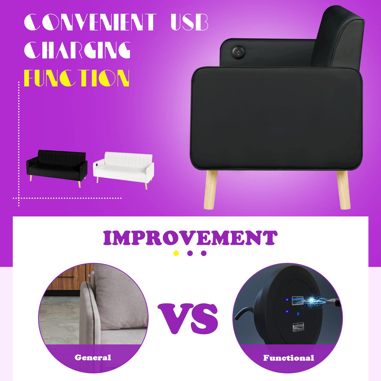 TYBOATLE Mid-Century Modern Striped PU Leather Loveseat Sofa w/ 2 USB Charging Ports, Love Seats Couches w/Pillow for Small Space, Living Room, Office, Apartment, Dorm, Office, 57“ W(White) (Black) TYBOATLE