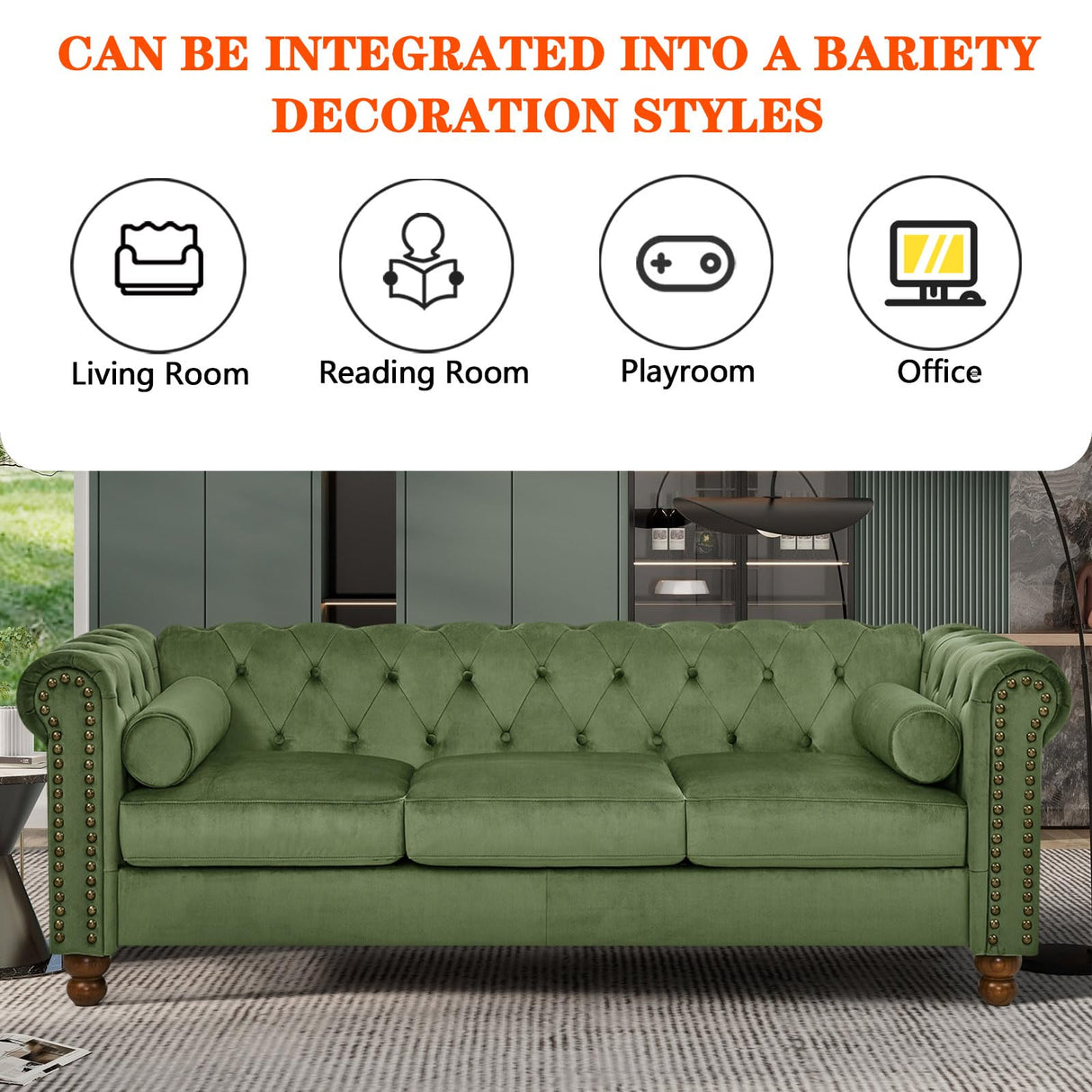 Anwick Chesterfield 3 Seater Sofa, Mid Century Modern Large Sofa with Rolled Arms and Solid Wood Legs, Upholstered Leather Tufted Couch for Living Room, Bedroom, Office, Apartment (Green) Anwick