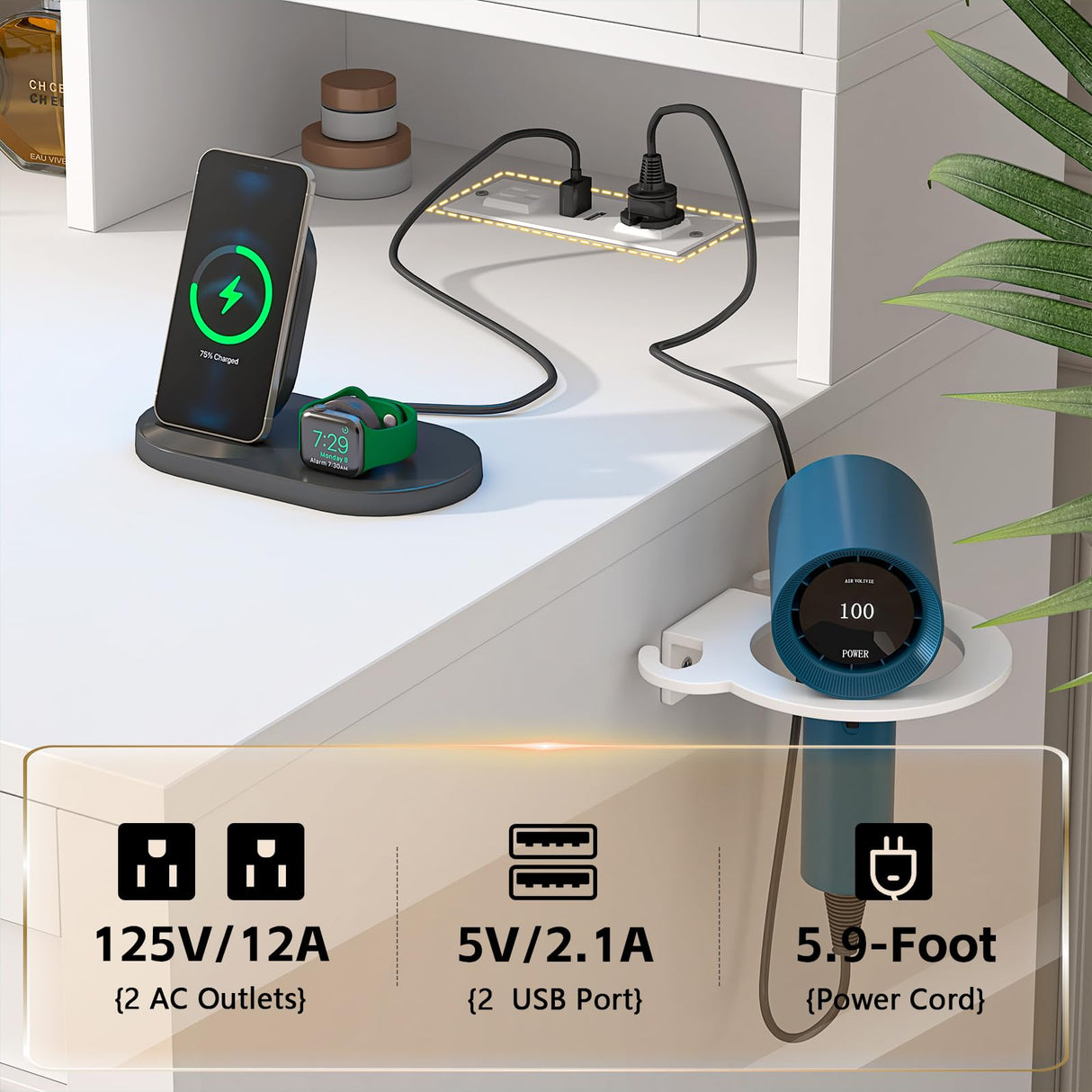 CSZZD Vanity Desk with Mirror and Lights, White Makeup Vanity Desk with Charging Station, Dressing Table with Storage Drawers, RGB Cabinets and Hidden Jewelry Rack for Bedroom, 3 LED Light Modes CSZZD