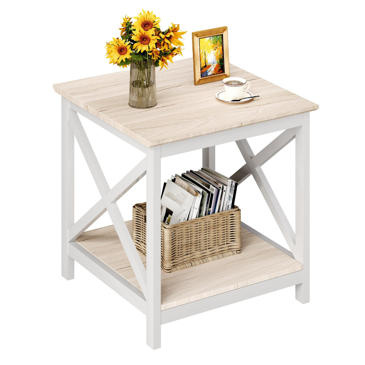 ChooChoo End Table, 24 Inch End Table with 2-Tier Storage Shelf, Side Table for Living Room, Wood Nightstand for Bedroom, Office, Oak ChooChoo