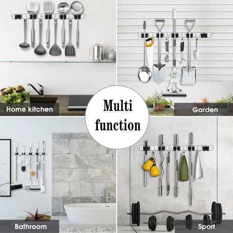 AceMining 5 Racks and 4 Hooks Mop and Broom Holder Wall Mount, Broom Organizer Storage Tool Racks Stainless Steel Heavy Duty Hooks Self Adhesive Solid Non-slip for Home Kitchen Garden Laundry Garage AceMining