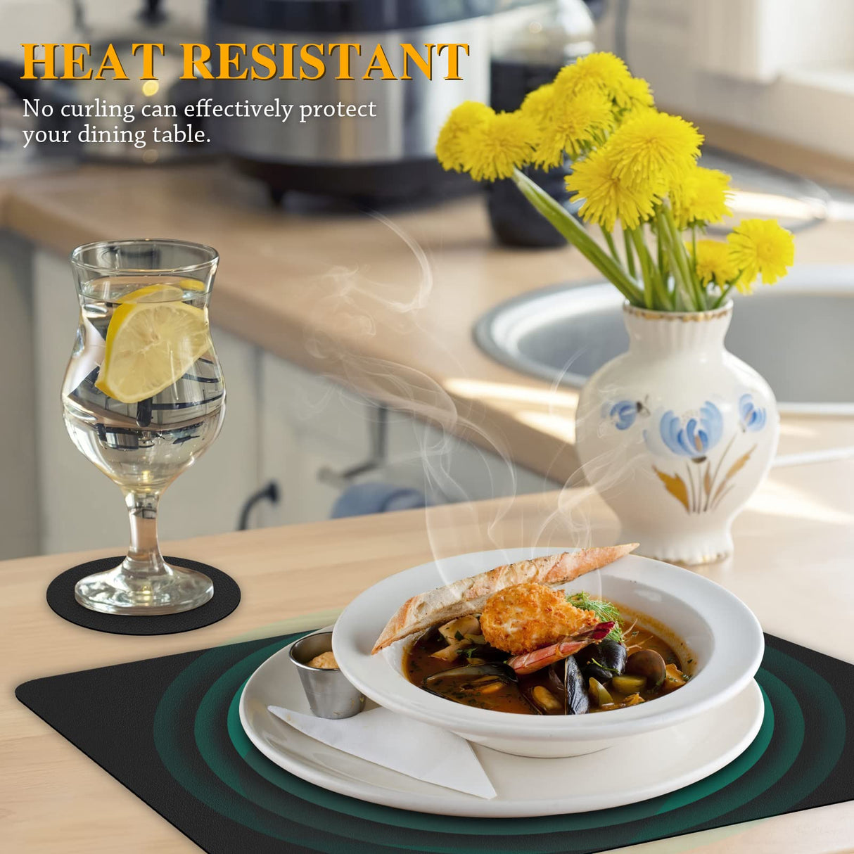 Bacgnyer Placemats Set of 8, Placemat with Coasters Heat Stain Scratch Resistant Non-Slip Waterproof Oil-Proof Washable Wipeable Outdoor Indoor for Dining Patio Table Kitchen Decor and Kids (Black 8) Bacgnyer