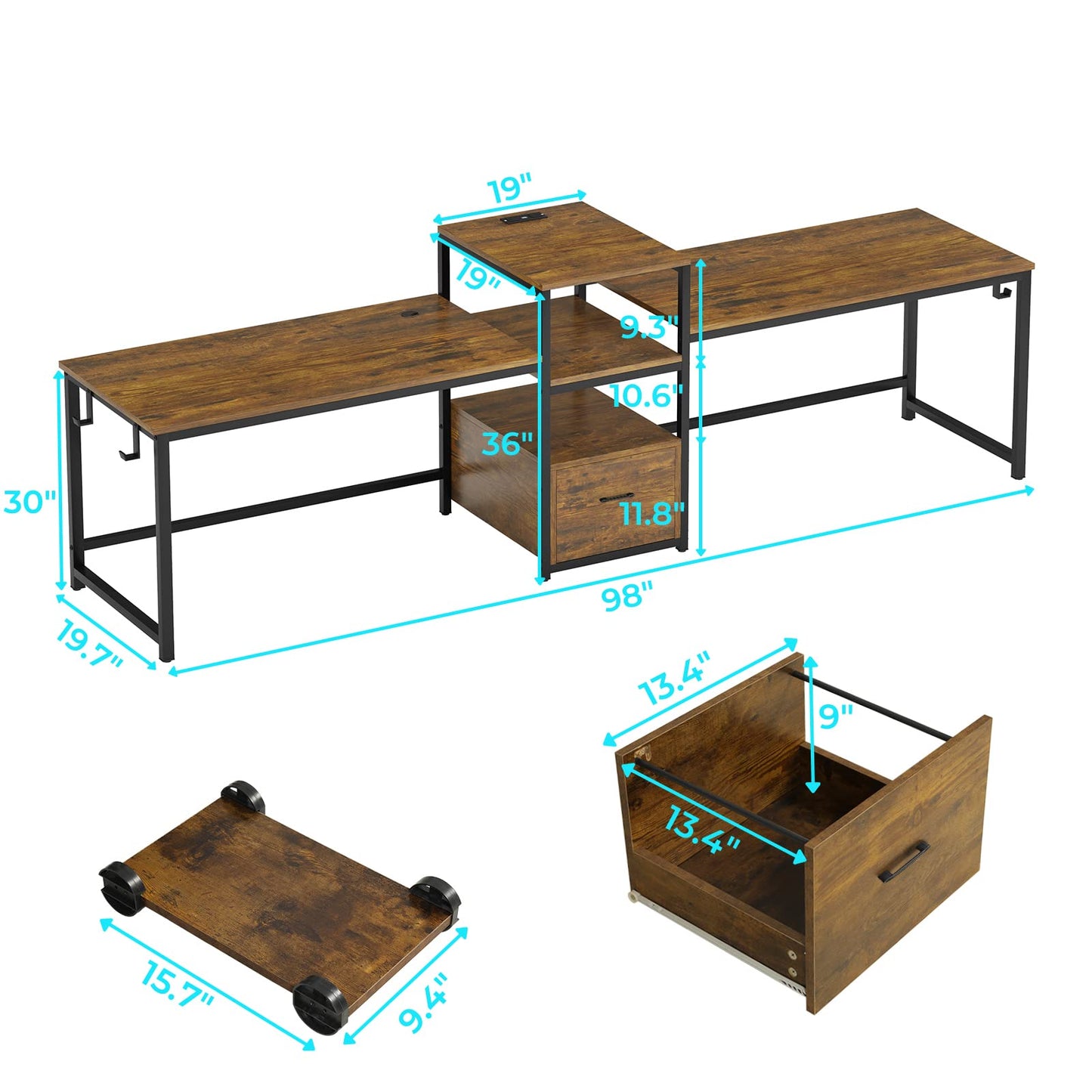 SEDETA 98" Rustic Brown Double Workstation Desk with File Drawer, USB Ports & Printer Shelf - WoodArtSupply