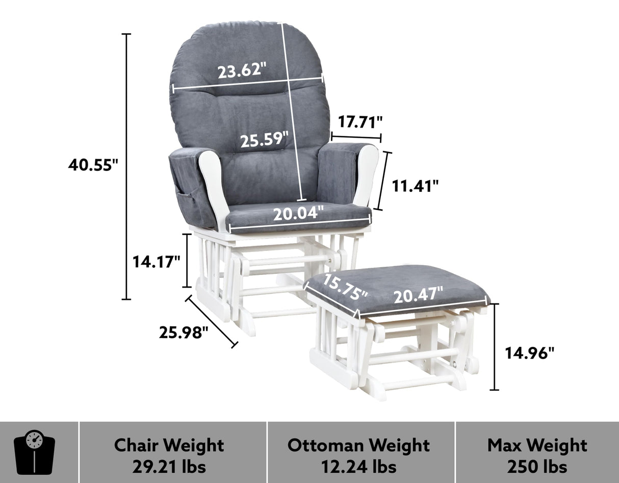 Naomi Home Nursery Glider Ottoman Sets Reclining Glider Rocker with Ottoman Nursery Rocking Breastfeeding Maternity Chair for Baby Room Recliner with Padded Arms - White Dark Gray Naomi Home
