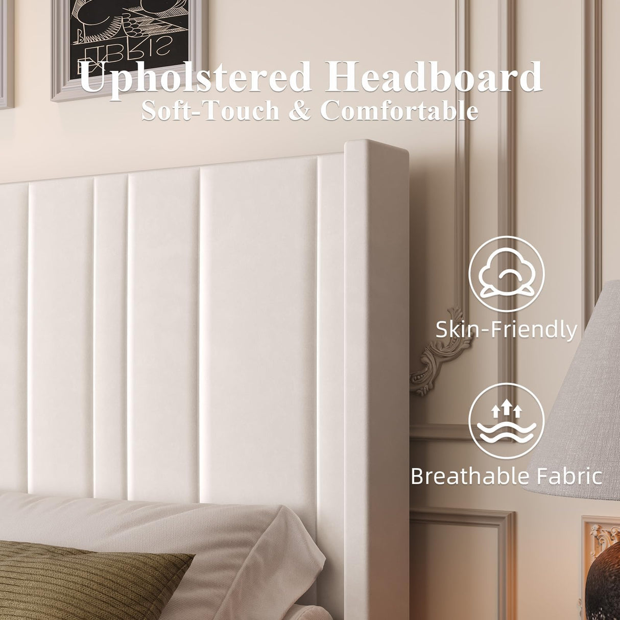 HOMBCK Queen Bed Frame, Upholstered Platform Bed Frame Queen Size with Vertical Channel Tufted Headboard & Footboard, Wingback Design/Noise Free/No Box Spring Needed/Easy Assembly, Cream HOMBCK