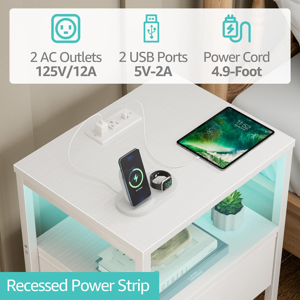 BOLUO White Nightstand with Charging Station, LED Night Stand with Fabric Drawers and Shelf, Bedside Table with USB Ports and Outlets, Bedroom Nightstand Modern BOLUO