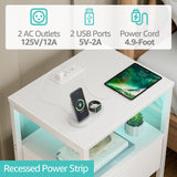 BOLUO White Nightstand with Charging Station, LED Night Stand with Fabric Drawers and Shelf, Bedside Table with USB Ports and Outlets, Bedroom Nightstand Modern BOLUO