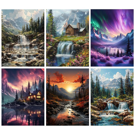 6 Pack Landscape Paint by Numbers Kit for Adults - Easy Acrylic Watercolor Oil Painting by Number Without Frame, DIY Waterfall Adult's Paint by Numbers on Canvas Home Wall Decor 12x16inch Clendo