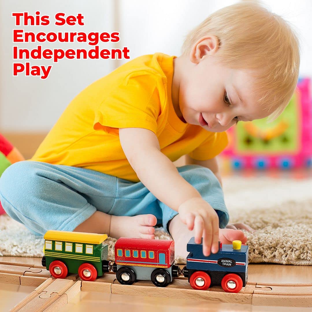 On Track USA Wooden Train Set 35 Piece All in One Wooden Toy Train Tracks Set with Magnetic Trains and Railway Accessories, Comes in A Clear
