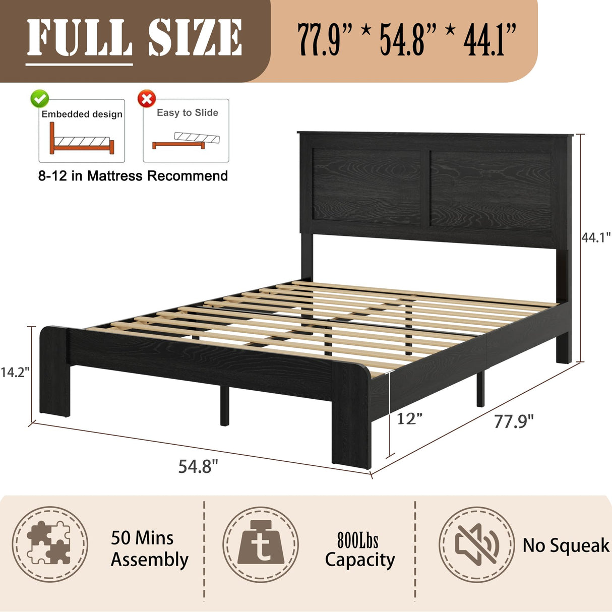 SAMTRA Wooden Bed Frame Full Size with Headboard, Farmhouse Platform Bedframe with Wood Slat Support, Sturdy Framework Bed Frame, Easy Assembly (Rustic Black) SAMTRA