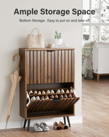 Smart FENDEE Shoe Cabinet, Slim Fluted Shoe Cabinet Storage for Entryway, Walnut Hidden Shoe Cabinet with Metal Legs and Flip Doors Smart FENDEE
